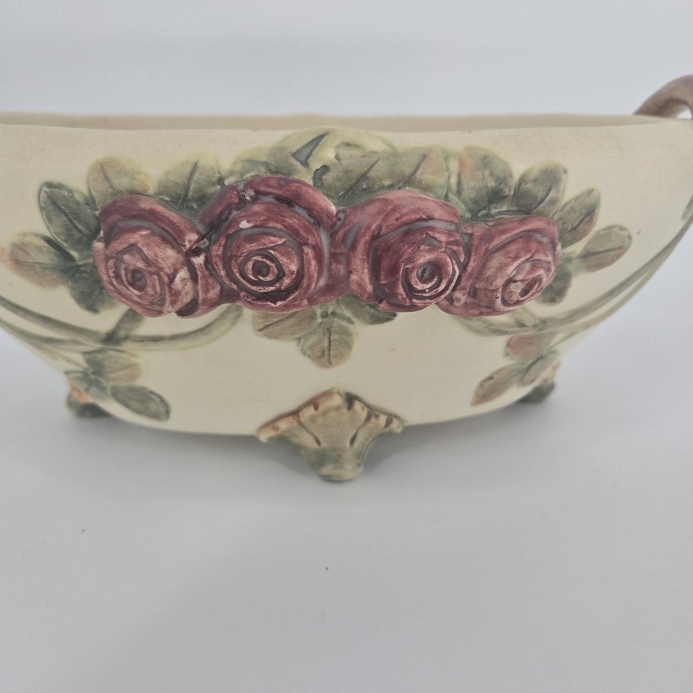 Antique Weller Roma Rose Pottery Oval Console Bowl Planter Applied Roses 11in OH - Picture 4 of 11